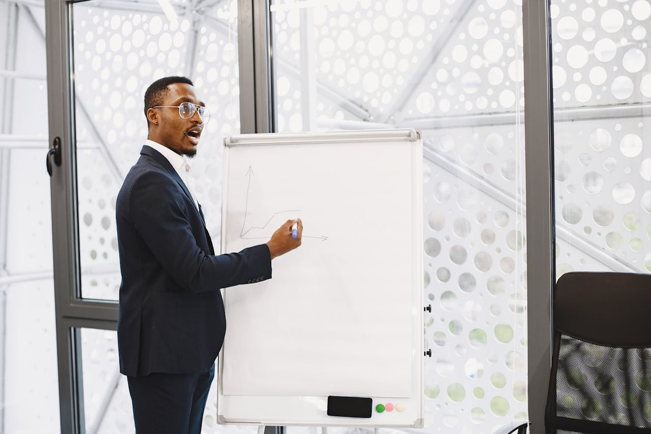 services-01 Businessman presenting on a flip chart in a contemporary office setting.